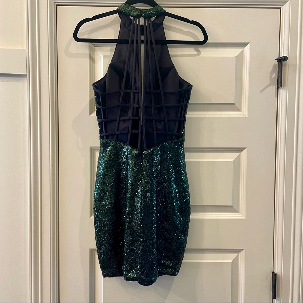 Alyce Paris Dark Green Sequin Halter Mini Dress 4 - Picture 4 of 6